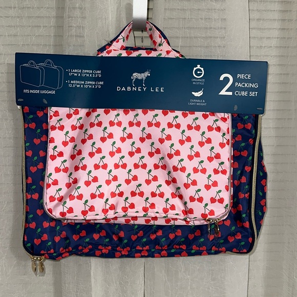 DL Cherry Print Blue Pink Green Red Gold Tone 2 Piece Travel Packing Cube Set - Picture 1 of 8